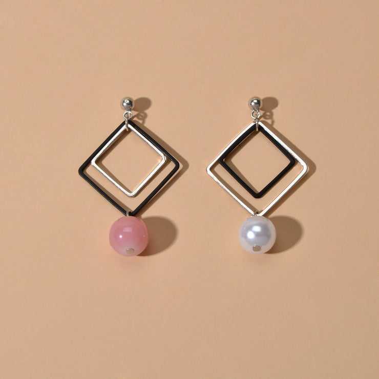 Asymmetric Jewellery Silver Black Square White Pink Beads Dangle Earrings Women - Freeyouthzbandz