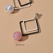Asymmetric Jewellery Silver Black Square White Pink Beads Dangle Earrings Women - Freeyouthzbandz
