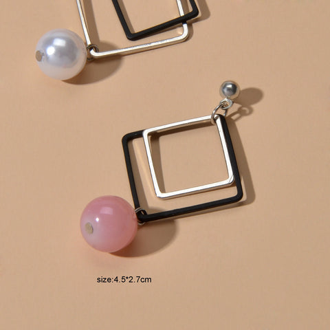 Asymmetric Jewellery Silver Black Square White Pink Beads Dangle Earrings Women - Freeyouthzbandz