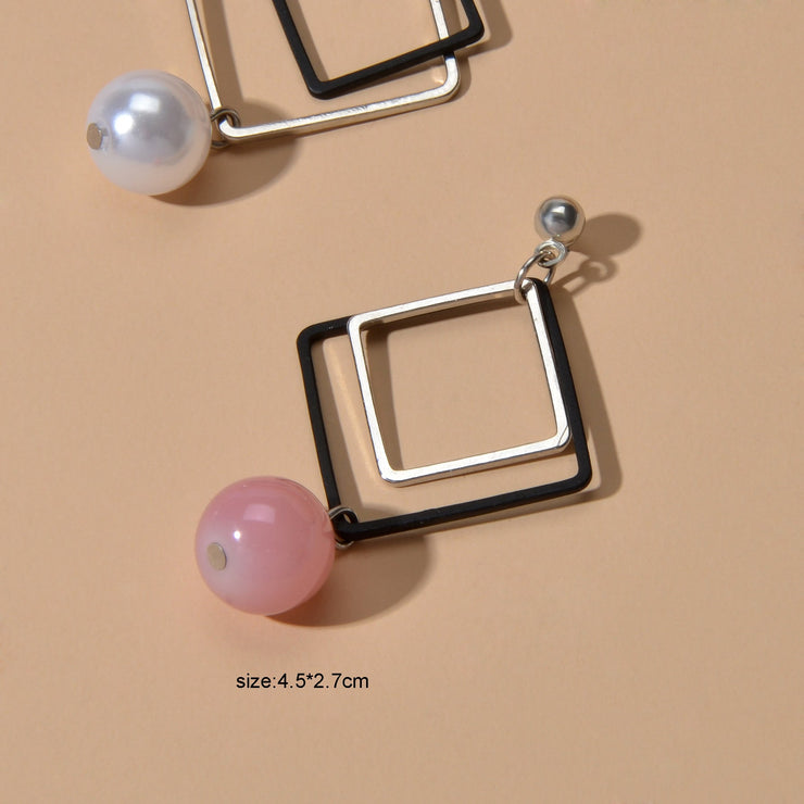 Asymmetric Jewellery Silver Black Square White Pink Beads Dangle Earrings Women - Freeyouthzbandz