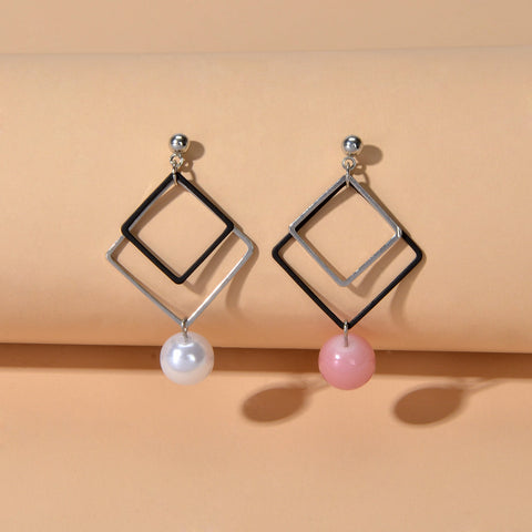 Asymmetric Jewellery Silver Black Square White Pink Beads Dangle Earrings Women - Freeyouthzbandz