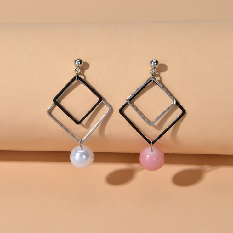 Asymmetric Jewellery Silver Black Square White Pink Beads Dangle Earrings Women - Freeyouthzbandz