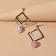Asymmetric Jewellery Silver Black Square White Pink Beads Dangle Earrings Women - Freeyouthzbandz