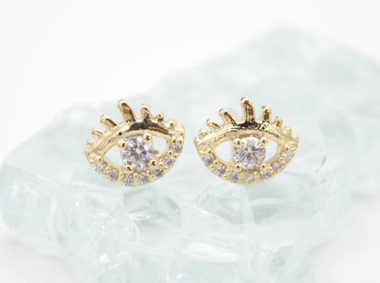 18K Gold Filled Evil Eye Stud Earrings With Clear CZ Stones (L76) - Freeyouthzbandz