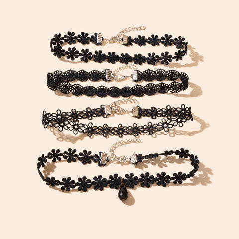 4 pcs/set Gothic Vintage Black Lace Flower Tattoo Choker Stretch Necklace set - Freeyouthzbandz