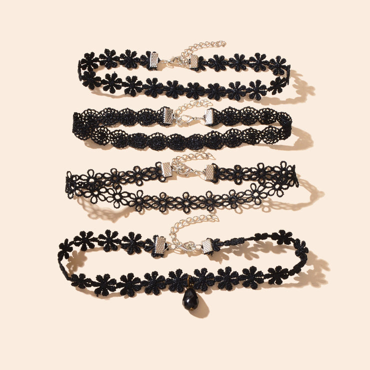 4 pcs/set Gothic Vintage Black Lace Flower Tattoo Choker Stretch Necklace set - Freeyouthzbandz
