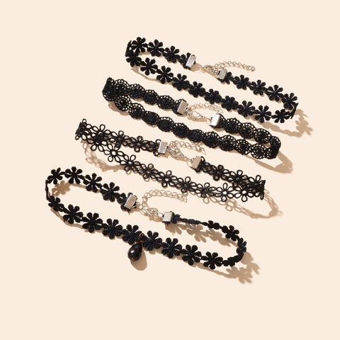 4 pcs/set Gothic Vintage Black Lace Flower Tattoo Choker Stretch Necklace set - Freeyouthzbandz