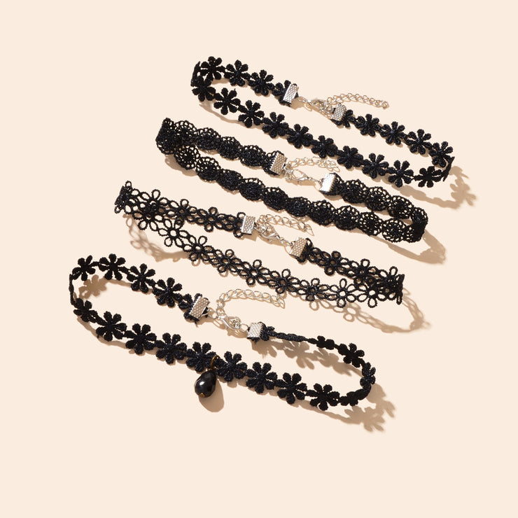 4 pcs/set Gothic Vintage Black Lace Flower Tattoo Choker Stretch Necklace set - Freeyouthzbandz