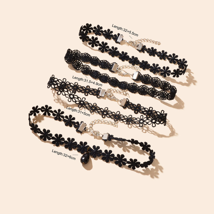 4 pcs/set Gothic Vintage Black Lace Flower Tattoo Choker Stretch Necklace set - Freeyouthzbandz