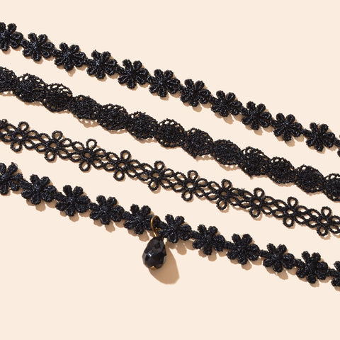 4 pcs/set Gothic Vintage Black Lace Flower Tattoo Choker Stretch Necklace set - Freeyouthzbandz