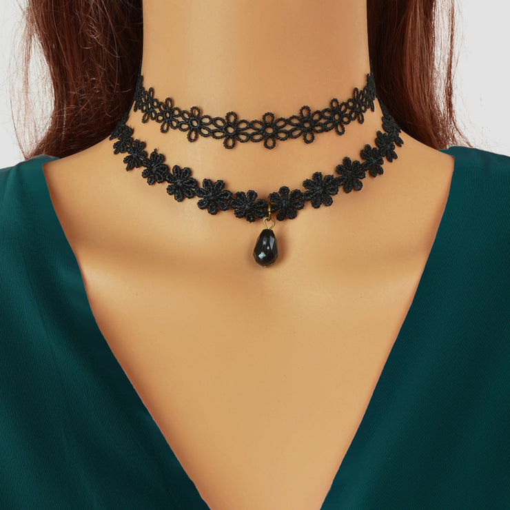 4 pcs/set Gothic Vintage Black Lace Flower Tattoo Choker Stretch Necklace set - Freeyouthzbandz