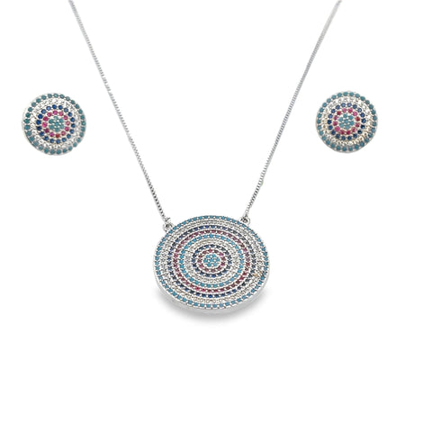 Colorful Pave Disc Circle Pendant Necklace & Stud Earrings Set (G214) - Freeyouthzbandz