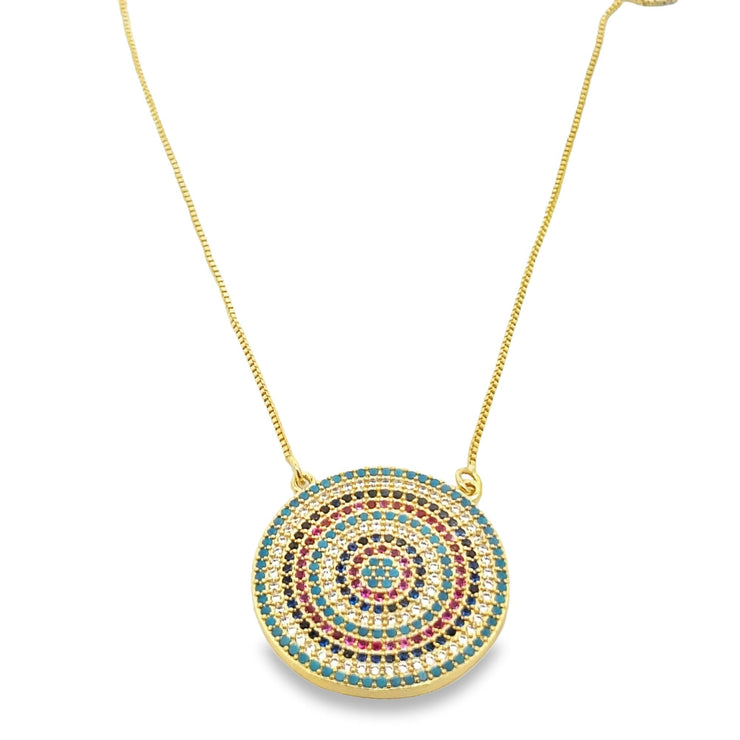 Colorful Pave Disc Circle Pendant Necklace & Stud Earrings Set (G214) - Freeyouthzbandz