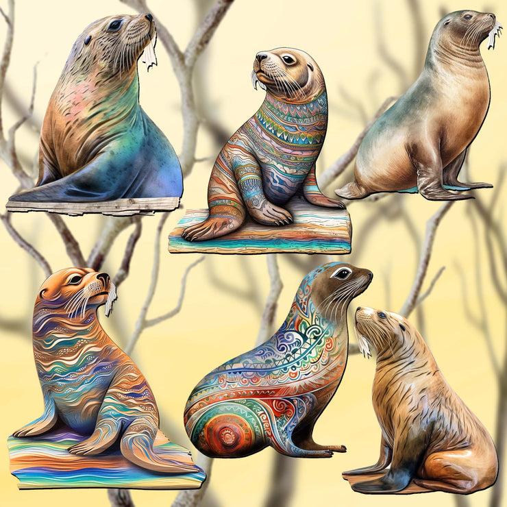 Magic Sea Lions Clip - On Eco Wood Decorative Ornaments Set of 6 by G. Debrekht - Wildlife Decor - 8090112C - S6 - Freeyouthzbandz