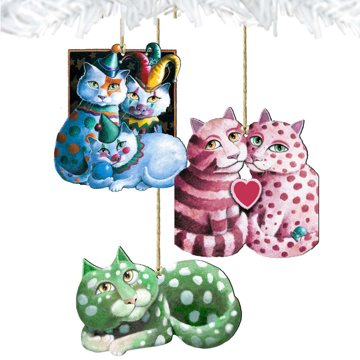 Whimsical Cats Wooden Ornaments Set of 3 by Laura Seeley - Pets Dog and Cats Decor - 8100101S3 - LS - Freeyouthzbandz