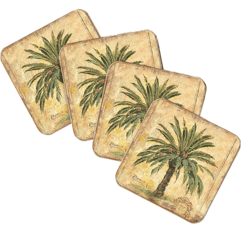 Palm Tree Coastal Wooden Cork Coasters Gift Set of 4 by Nature Wonders - Coastal Sea - Life Decor - 8198630C - S4 - Freeyouthzbandz