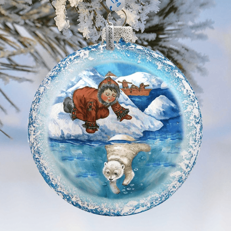 Alaska Boy Polar Bear Glass Ornament by G. DeBrekht - Wildlife Holiday Decor - 744 - 035 - Freeyouthzbandz