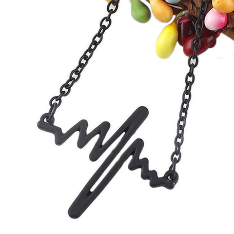 Cool Punk Goth Black Silver Chain Minimalist Heartbeat Abstract Art Necklace - Freeyouthzbandz
