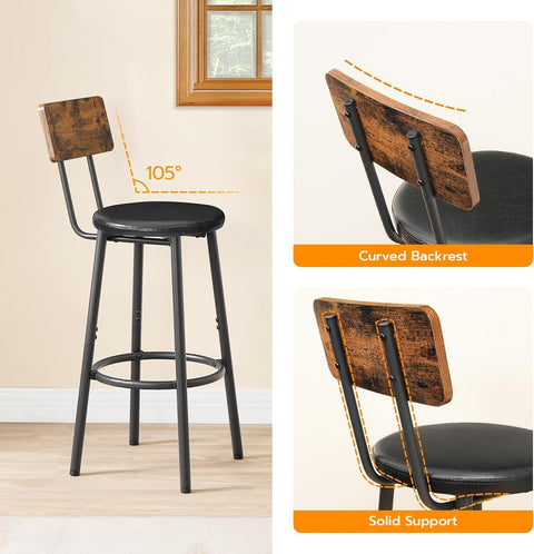 Rustic Brown PU Bar Stools Set of 2 26 Inch With Footrest - Freeyouthzbandz