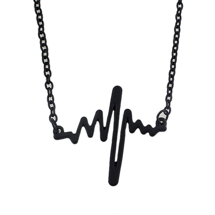 Cool Punk Goth Black Silver Chain Minimalist Heartbeat Abstract Art Necklace - Freeyouthzbandz