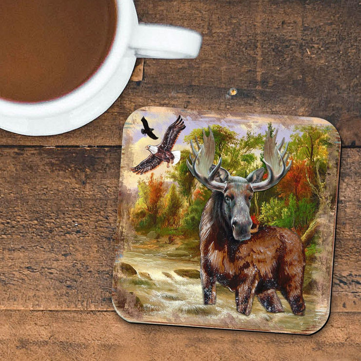 Moose Wooden Cork Coasters Gift Set of 4 by Nature Wonders - Nature Wildlife Decor - 95216 - 2C - S4 - Freeyouthzbandz