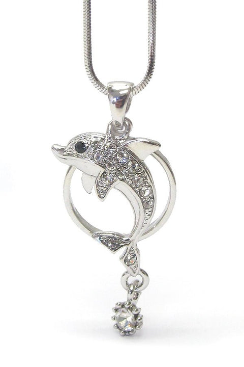 MADE IN KOREA WHITEGOLD PLATING CRYSTAL DOLPHIN PENDANT NECKLACE - Freeyouthzbandz