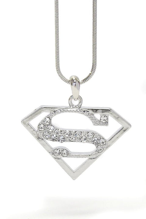 MADE IN KOREA WHITEGOLD PLATING CRYSTAL SUPERMAN SYMBOL NECKLACE - Freeyouthzbandz