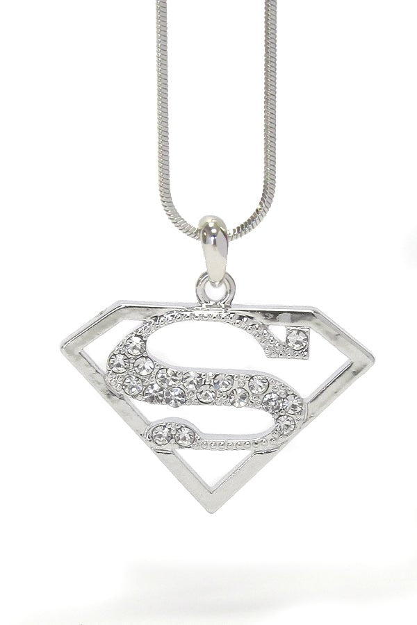 MADE IN KOREA WHITEGOLD PLATING CRYSTAL SUPERMAN SYMBOL NECKLACE - Freeyouthzbandz