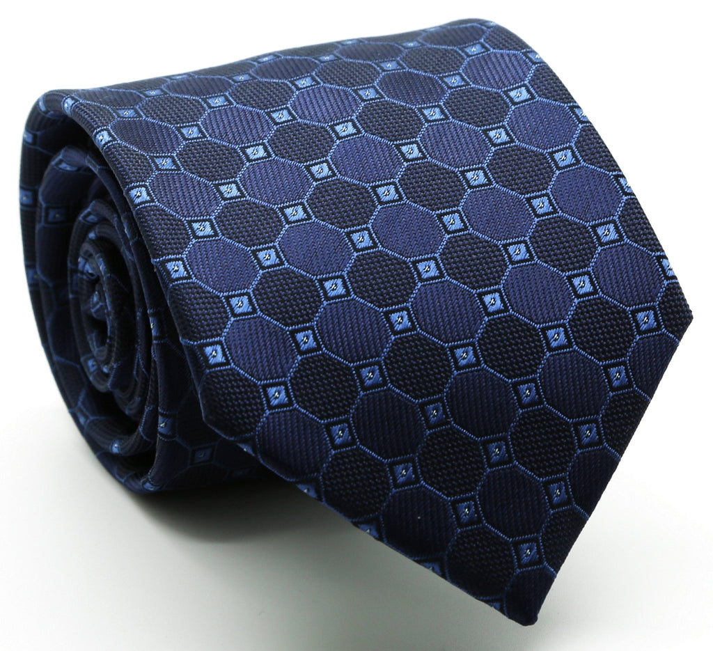 Mens Dads Classic Navy Geometric Pattern Business Casual Necktie & Hanky Set W - 7 - Freeyouthzbandz