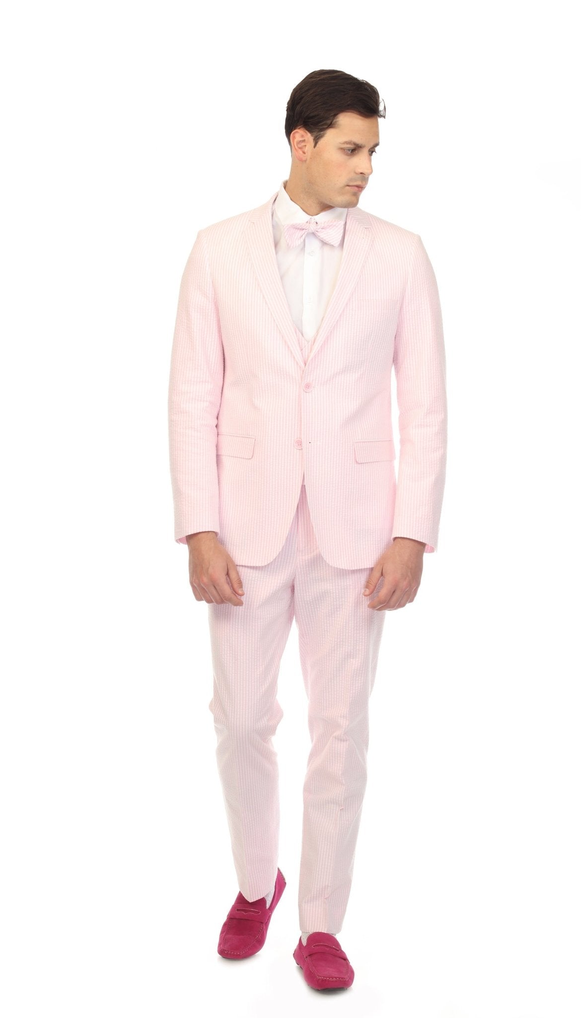 Men's Slim Fit Two Button Pink Seersucker Suit - Freeyouthzbandz