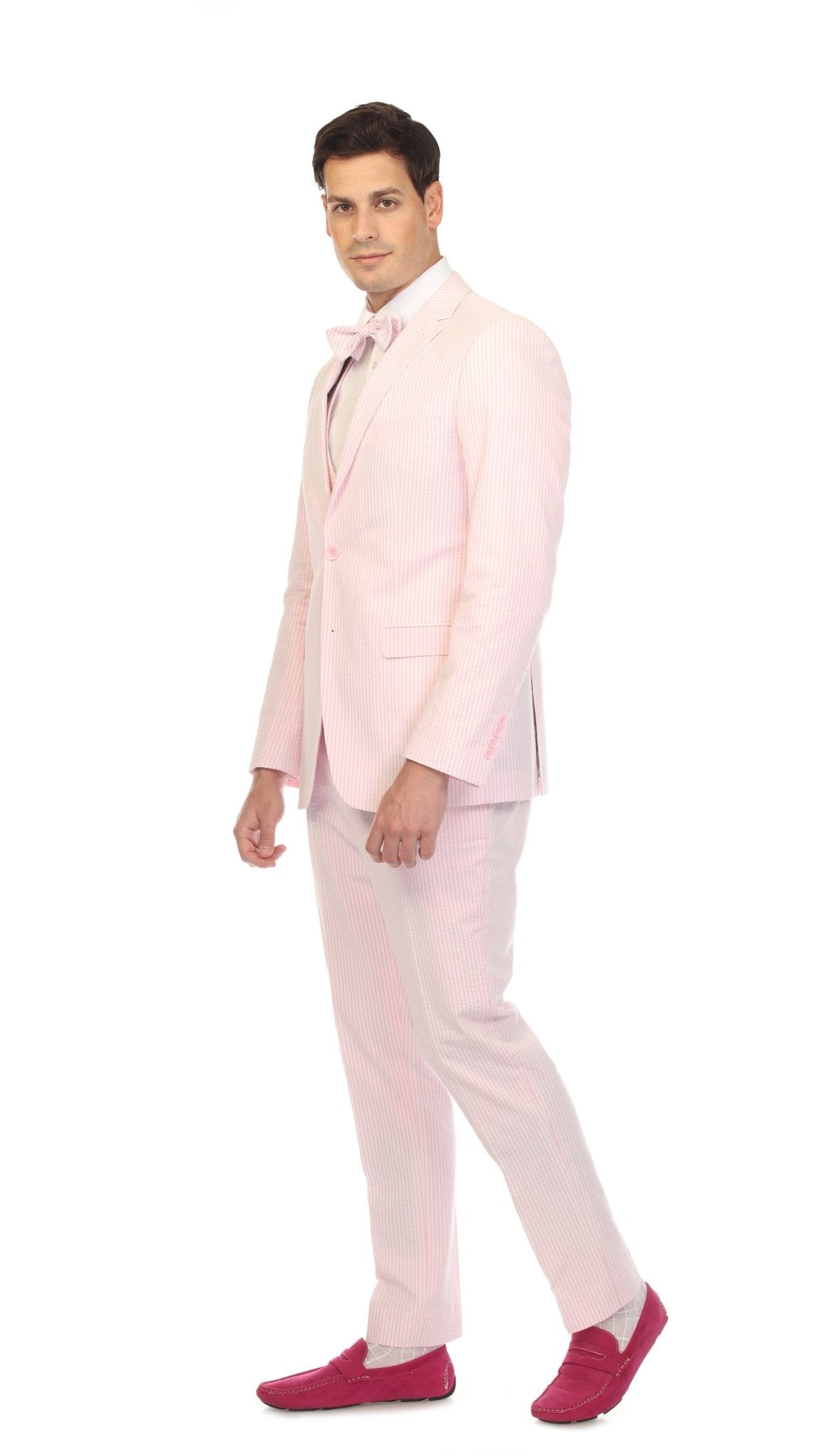 Men's Slim Fit Two Button Pink Seersucker Suit - Freeyouthzbandz