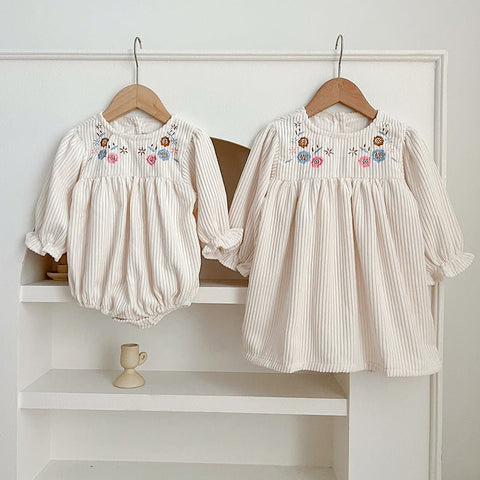Baby Onesies or Dress For Girls With Long Sleeves And Embroidered Flowers - Freeyouthzbandz