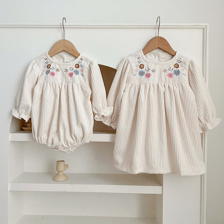 Baby Onesies or Dress For Girls With Long Sleeves And Embroidered Flowers - Freeyouthzbandz