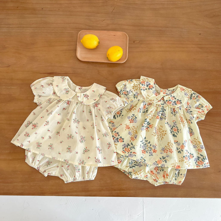 Baby Girl Floral Print Doll Collar Design Tops Combo Shorts Sets In Summer - Freeyouthzbandz