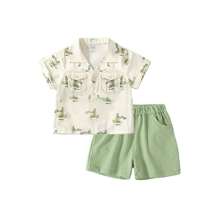 Summer Baby Kids Casual Cartoon Animals Pattern Short Sleeves Top Shirt with Green Shorts Clothing Set for Boys - Freeyouthzbandz