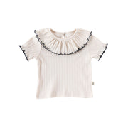 Girls’ Hollow-out Pattern Short Sleeves Top Shirt in European and American Style for Summer