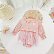Baby Girl Floral Patched Pattern Mesh Overlay Design Onesies Dress