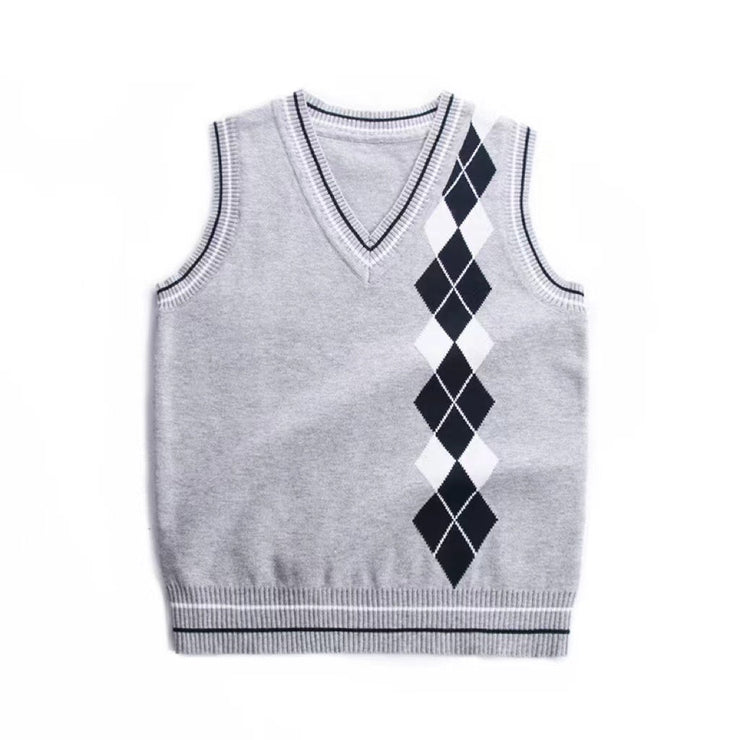 Boy And Girl Rhombus Pattern V - Neck College Style Sleeveless Vest Sweater - Freeyouthzbandz