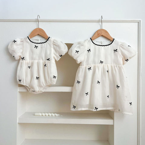 Summer Baby Kids Girls Butterfly Bows Pattern Short Sleeves Crew Neck Onesies And Girls’ Dress – Princess Sister Matching Set