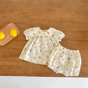 Baby Girl Floral Print Doll Collar Design Tops Combo Shorts Sets In Summer - Freeyouthzbandz