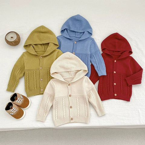 Autumn Arrival Baby Unisex Comfortable Solid Color Geometric Pattern Knitted Long Sleeves Cardigan with Hood - Freeyouthzbandz