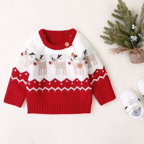 Baby Cartoon Christmas Deer Pattern Shoulder Button Design Knitted Pullover Sweater - Freeyouthzbandz