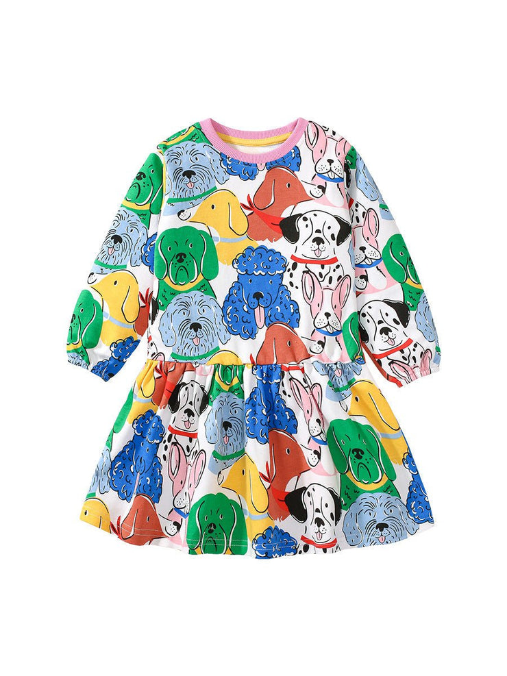Design Autumn Girls Vivid Colorful Dogs Pattern Dress - Freeyouthzbandz