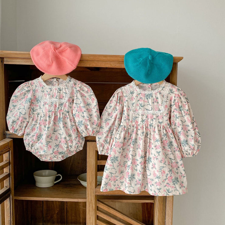 Baby Girl Flower Print Pattern Mesh Patchwork Design Onesies or Dress - Freeyouthzbandz