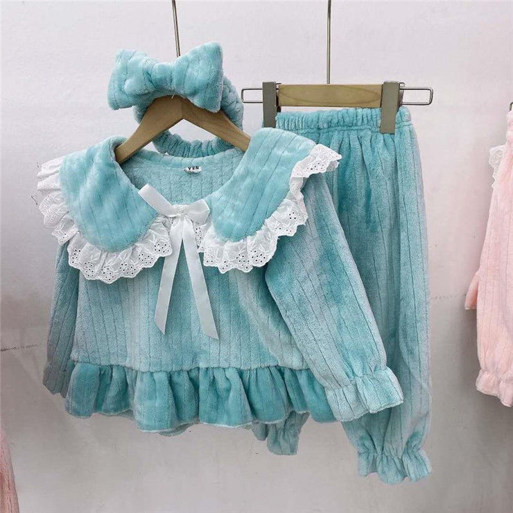 Baby Girl Solid Color Doll Neck Fleece Thickened Tops Combo Trousers Sets Pajamas Tracksuit - Freeyouthzbandz