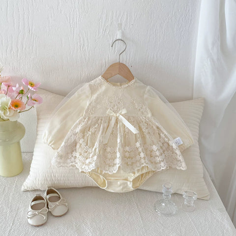 Autumn Arrival Baby Girls Long Sleeves Flowers Pattern Tulle Patchwork Onesies - Freeyouthzbandz