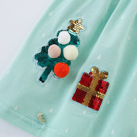 Autumn and Spring New Arrival Christmas Cartoon Sequins Pattern Long Sleeves Dress for Stylish Girls - Freeyouthzbandz