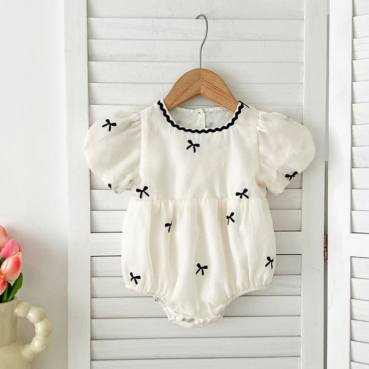 Summer Baby Kids Girls Butterfly Bows Pattern Short Sleeves Crew Neck Onesies And Girls’ Dress – Princess Sister Matching Set - Freeyouthzbandz
