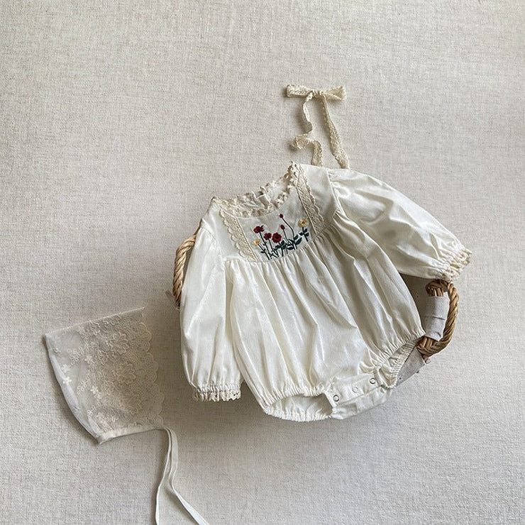 Baby Solid Color Embroidered Pattern Long Sleeve Onesies With Hat - Freeyouthzbandz