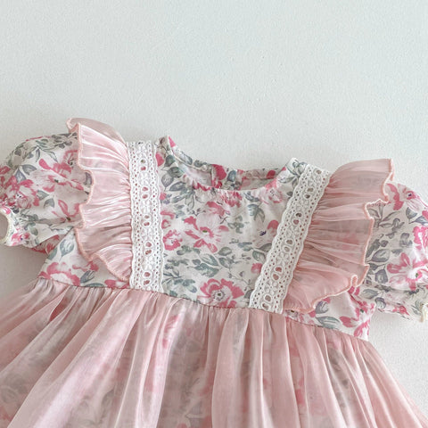 Summer Arrival Baby Girls Color Patchwork Floral Short Sleeves Tulle Onesies Dress - Freeyouthzbandz